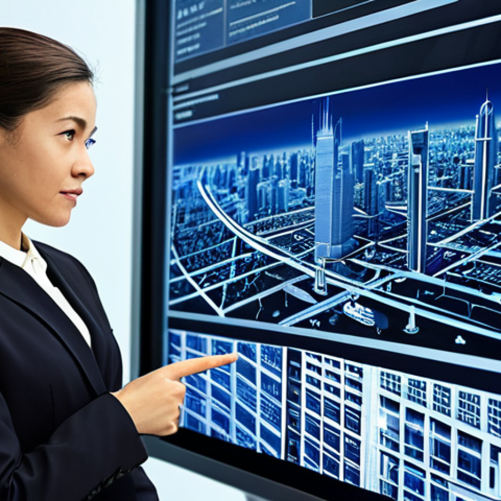 A professional female urban planner in a modest business suit, standing in a brightly lit, modern urban planning studio. She is focused, pointing thoughtfully at a large, detailed 3D model of a futuristic city, immersed in creative problem-solving and deep analysis. Her expression is confident and visionary, reflecting the process of shaping the future of cities. The background shows large screens displaying complex urban data and architectural blueprints, hinting at the intricate work involved. safe for work, appropriate content, fully clothed, professional dress, perfect anatomy, correct proportions, natural pose, well-formed hands, proper finger count, natural body proportions, professional photography, high quality.