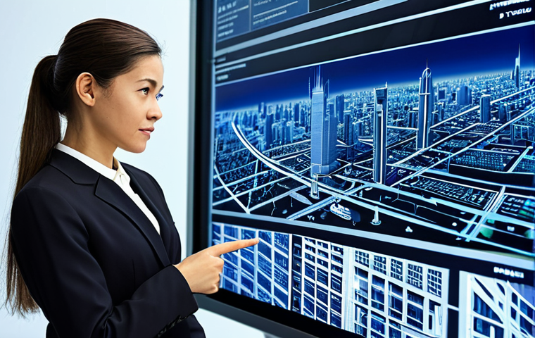 A professional female urban planner in a modest business suit, standing in a brightly lit, modern urban planning studio. She is focused, pointing thoughtfully at a large, detailed 3D model of a futuristic city, immersed in creative problem-solving and deep analysis. Her expression is confident and visionary, reflecting the process of shaping the future of cities. The background shows large screens displaying complex urban data and architectural blueprints, hinting at the intricate work involved. safe for work, appropriate content, fully clothed, professional dress, perfect anatomy, correct proportions, natural pose, well-formed hands, proper finger count, natural body proportions, professional photography, high quality.