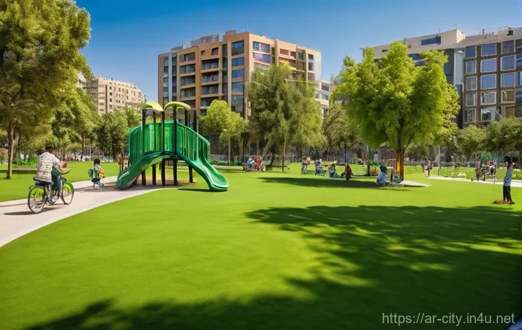 도시계획 설계 실무 팁 - **Urban Green Oasis with Families and Play:** A vibrant, sun-drenched urban park in a Middle Eastern...