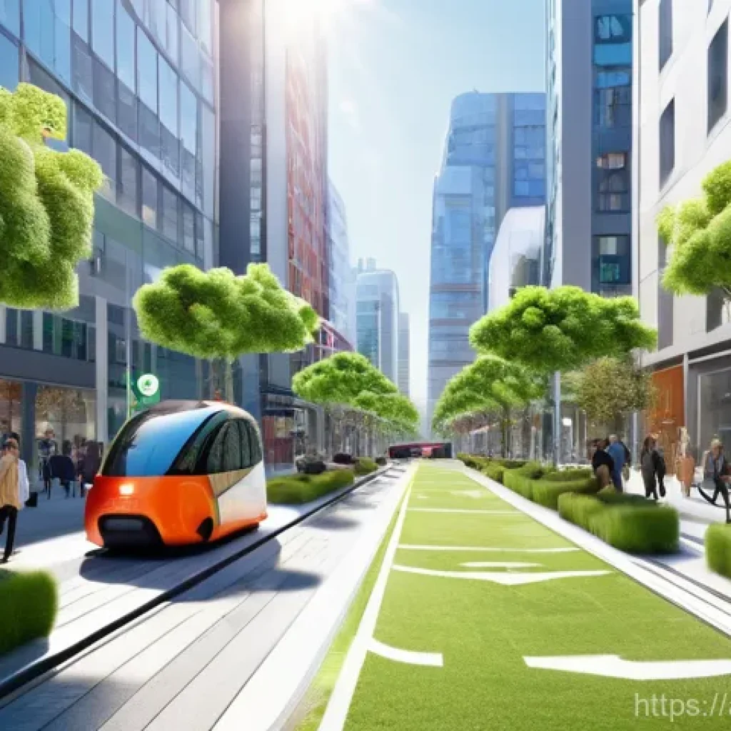 도시계획 실무에 필요한 기술 - **Prompt:** A vibrant, futuristic smart city street scene during a pleasant daytime. Sleek, autonomo...