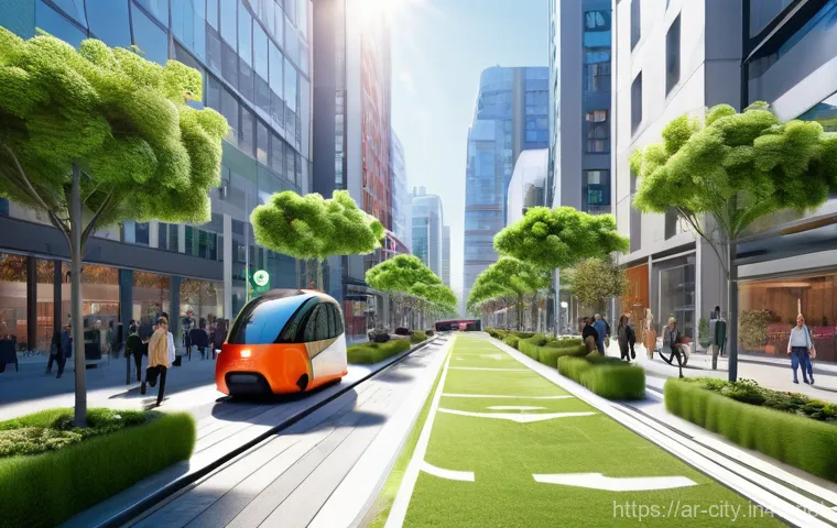 도시계획 실무에 필요한 기술 - **Prompt:** A vibrant, futuristic smart city street scene during a pleasant daytime. Sleek, autonomo...