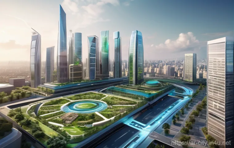 도시계획 전문가의 자기계발 전략 - A panoramic view of a modern, smart city infused with cutting-edge digital technology. Skyscrapers w...