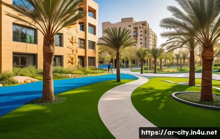 도시계획 관련 주요 업무 사례 - A vibrant community park in a modern Middle Eastern city, showcasing lush green gardens and shaded w...