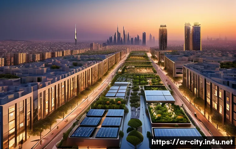 도시계획 이직 시 면접 준비 - A futuristic smart cityscape at dusk in an Arabic metropolitan area, showcasing advanced urban plann...