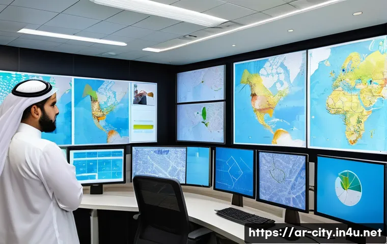 도시계획 실무 과정 추천 - A detailed city planning control room featuring a diverse group of urban planners using advanced Geo...