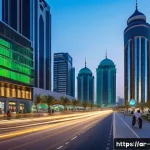 도시계획 전문가의 업무 일기 - A vibrant smart city street scene in an Arab metropolitan area at dusk, featuring advanced IoT-enabl...