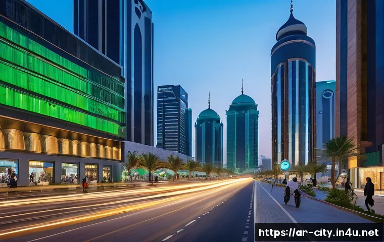 도시계획 전문가의 업무 일기 - A vibrant smart city street scene in an Arab metropolitan area at dusk, featuring advanced IoT-enabl...
