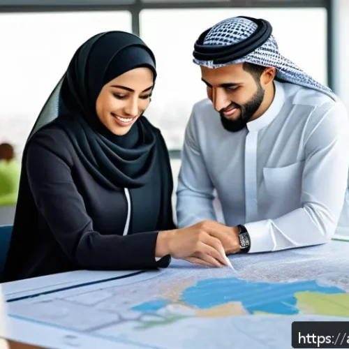 도시계획 분야 경력 개발 - A detailed urban planning office scene featuring an Arab male and female professionals collaborating...