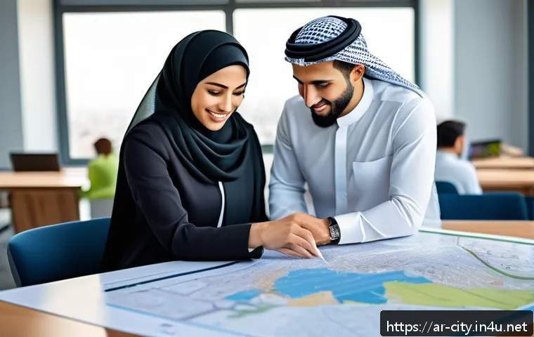 도시계획 분야 경력 개발 - A detailed urban planning office scene featuring an Arab male and female professionals collaborating...