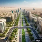 도시계획 분야 전문가 커뮤니티 - A vibrant digital urban planning platform scene showing diverse Arab city planners and architects co...