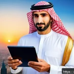 도시계획 자격증 취득 후 경로 - A modern urban planner in traditional Middle Eastern attire, standing confidently with a digital tab...