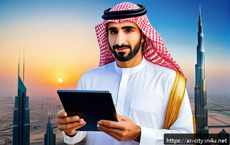 도시계획 자격증 취득 후 경로 - A modern urban planner in traditional Middle Eastern attire, standing confidently with a digital tab...